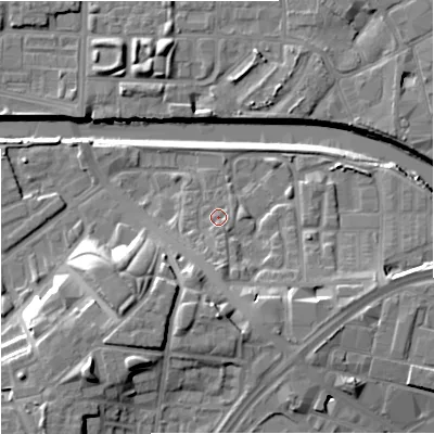 Shaded relief map of the ground around M37FR, computed from Environment Agency LiDAR. The ground here sits at about 29 m above sea level and falls 17 m across the surrounding 800 m. Surface water reaching this point runs off ground lying to the south-south-east, 1.7 m higher.