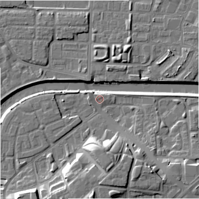 Shaded relief map of the ground around M37FU, computed from Environment Agency LiDAR. The ground here sits at about 28 m above sea level and falls 17 m across the surrounding 800 m. Surface water reaching this point runs off ground lying to the north-east, 1.2 m higher.