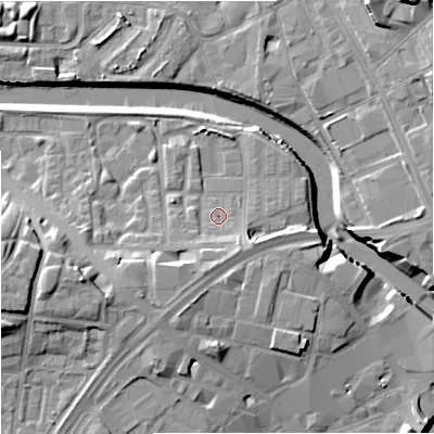 Shaded relief map of the ground around M37GE, computed from Environment Agency LiDAR. The ground here sits at about 29 m above sea level and falls 17 m across the surrounding 800 m. Surface water reaching this point runs off ground lying to the south, 4.7 m higher.