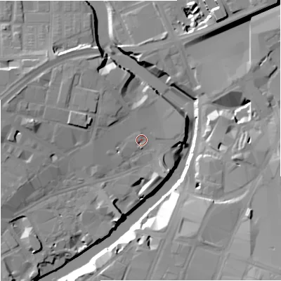 Shaded relief map of the ground around M37GF, computed from Environment Agency LiDAR. The ground here sits at about 28 m above sea level and falls 22 m across the surrounding 800 m. Surface water reaching this point runs off ground lying to the north-west, 5.9 m higher.