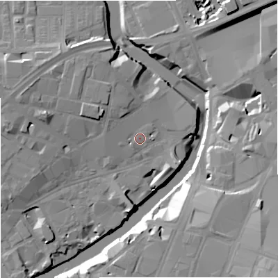Shaded relief map of the ground around M37GL, computed from Environment Agency LiDAR. The ground here sits at about 28 m above sea level and falls 22 m across the surrounding 800 m. Surface water reaching this point runs off ground lying to the west-north-west, 3.0 m higher.