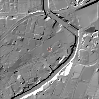 Shaded relief map of the ground around M37GP, computed from Environment Agency LiDAR. The ground here sits at about 28 m above sea level and falls 21 m across the surrounding 800 m. Surface water reaching this point runs off ground lying to the north-north-west, 3.0 m higher.