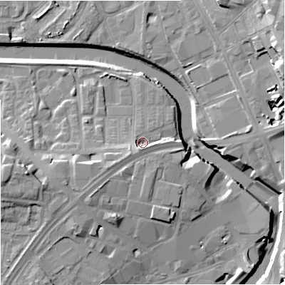 Shaded relief map of the ground around M37GS, computed from Environment Agency LiDAR. The ground here sits at about 28 m above sea level and falls 19 m across the surrounding 800 m. Surface water reaching this point runs off ground lying to the south, 4.6 m higher.