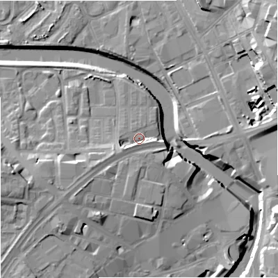 Shaded relief map of the ground around M37GT, computed from Environment Agency LiDAR. The ground here sits at about 29 m above sea level and falls 20 m across the surrounding 800 m. Surface water reaching this point runs off ground lying to the south-west, 4.7 m higher.