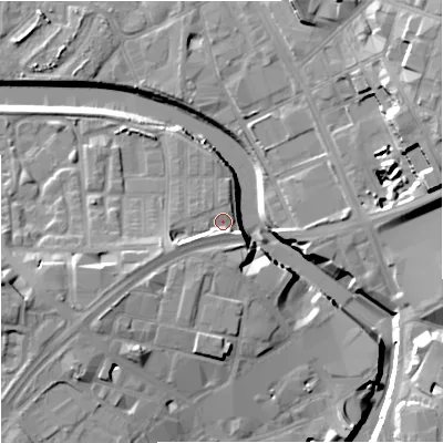 Shaded relief map of the ground around M37GU, computed from Environment Agency LiDAR. The ground here sits at about 28 m above sea level and falls 21 m across the surrounding 800 m. Surface water reaching this point runs off ground lying to the west-south-west, 5.6 m higher.