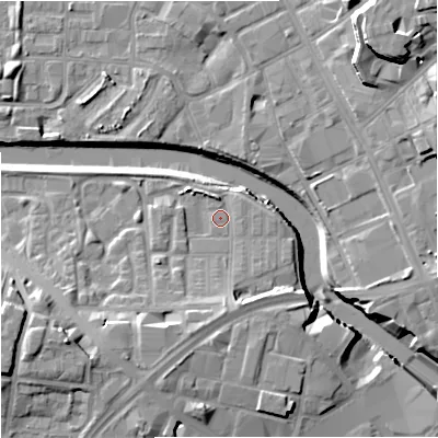 Shaded relief map of the ground around M37JQ, computed from Environment Agency LiDAR. The ground here sits at about 28 m above sea level and falls 21 m across the surrounding 800 m. Surface water reaching this point runs off ground lying to the south-south-west, 7.3 m higher.