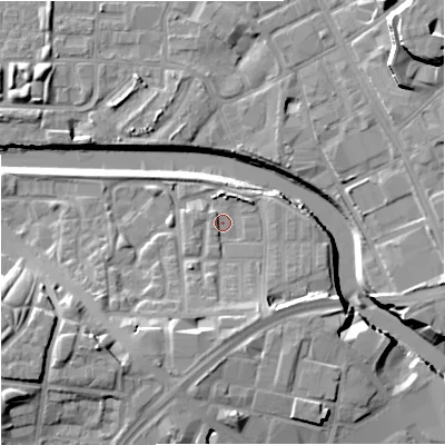 Shaded relief map of the ground around M37JS, computed from Environment Agency LiDAR. The ground here sits at about 27 m above sea level and falls 19 m across the surrounding 800 m. Surface water reaching this point runs off ground lying to the south-south-west, 7.3 m higher.