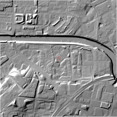 Shaded relief map of the ground around M37JY, computed from Environment Agency LiDAR. The ground here sits at about 28 m above sea level and falls 18 m across the surrounding 800 m. Surface water reaching this point runs off ground lying to the south-south-west, 1.9 m higher.