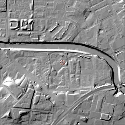 Shaded relief map of the ground around M37JZ, computed from Environment Agency LiDAR. The ground here sits at about 27 m above sea level and falls 18 m across the surrounding 800 m. Surface water reaching this point runs off ground lying to the south, 8.2 m higher.