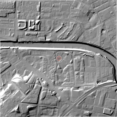 Shaded relief map of the ground around M37LB, computed from Environment Agency LiDAR. The ground here sits at about 27 m above sea level and falls 17 m across the surrounding 800 m. Surface water reaching this point runs off ground lying to the south-south-east, 8.2 m higher.