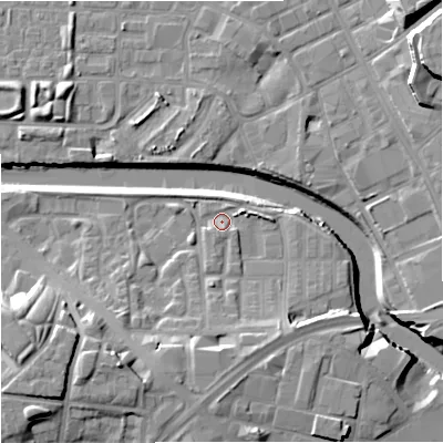 Shaded relief map of the ground around M37LE, computed from Environment Agency LiDAR. The ground here sits at about 28 m above sea level and falls 19 m across the surrounding 800 m. Surface water reaching this point runs off ground lying to the south, 7.5 m higher.