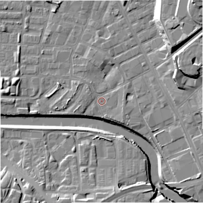Shaded relief map of the ground around M37LF, computed from Environment Agency LiDAR. The ground here sits at about 27 m above sea level and falls 25 m across the surrounding 800 m. Surface water reaching this point runs off ground lying to the west-south-west, 2.9 m higher.