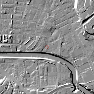 Shaded relief map of the ground around M37LJ, computed from Environment Agency LiDAR. The ground here sits at about 27 m above sea level and falls 24 m across the surrounding 800 m. Surface water reaching this point runs off ground lying to the west-south-west, 2.9 m higher.