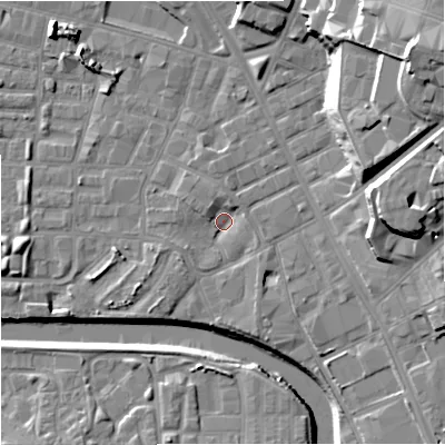Shaded relief map of the ground around M37LW, computed from Environment Agency LiDAR. The ground here sits at about 26 m above sea level and falls 26 m across the surrounding 800 m. Surface water reaching this point runs off ground lying to the north-west, 2.5 m higher.