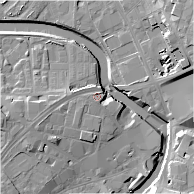 Shaded relief map of the ground around M37NG, computed from Environment Agency LiDAR. The ground here sits at about 31 m above sea level and falls 21 m across the surrounding 800 m. Surface water reaching this point runs off ground lying to the west-south-west, 4.0 m higher.