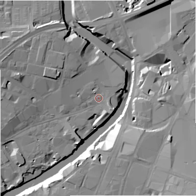 Shaded relief map of the ground around M37NH, computed from Environment Agency LiDAR. The ground here sits at about 27 m above sea level and falls 23 m across the surrounding 800 m. Surface water reaching this point runs off ground lying to the west-north-west, 10.6 m higher.