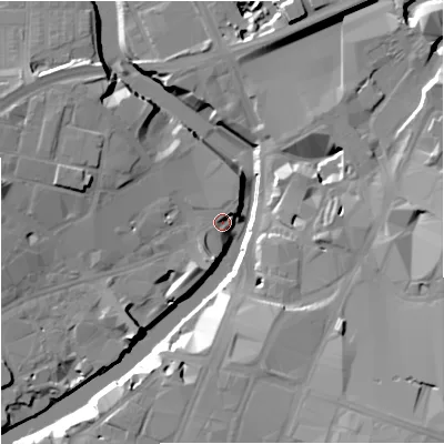 Shaded relief map of the ground around M37NJ, computed from Environment Agency LiDAR. The ground here sits at about 26 m above sea level and falls 23 m across the surrounding 800 m. Surface water reaching this point runs off ground lying to the west-north-west, 5.9 m higher.
