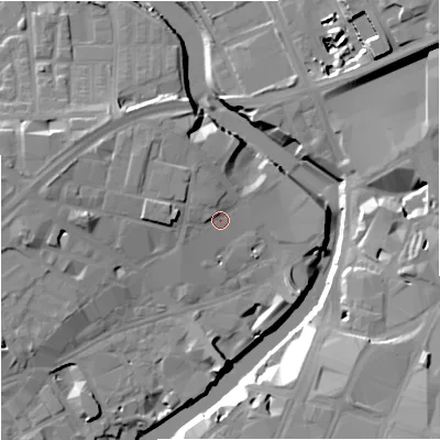 Shaded relief map of the ground around M37NW, computed from Environment Agency LiDAR. The ground here sits at about 29 m above sea level and falls 21 m across the surrounding 800 m. Surface water reaching this point runs off ground lying to the north-west, 2.7 m higher.