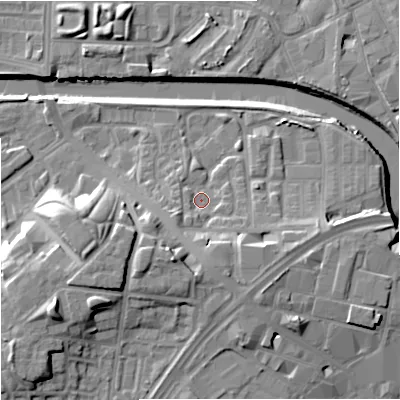 Shaded relief map of the ground around M37NY, computed from Environment Agency LiDAR. The ground here sits at about 29 m above sea level and falls 18 m across the surrounding 800 m. Surface water reaching this point runs off ground lying to the south-south-east, 6.5 m higher.