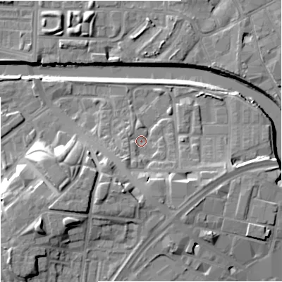 Shaded relief map of the ground around M37RB, computed from Environment Agency LiDAR. The ground here sits at about 29 m above sea level and falls 18 m across the surrounding 800 m. Surface water reaching this point runs off ground lying to the south-south-east, 6.8 m higher.