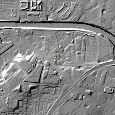 Shaded relief map of the ground around M37SW, computed from Environment Agency LiDAR. The ground here sits at about 30 m above sea level and falls 17 m across the surrounding 800 m. Surface water reaching this point runs off ground lying to the south-south-east, 6.0 m higher.