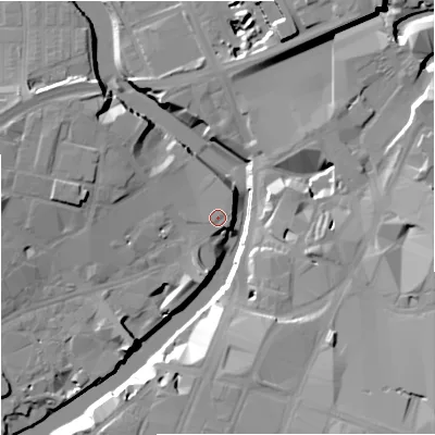 Shaded relief map of the ground around M37WJ, computed from Environment Agency LiDAR. The ground here sits at about 28 m above sea level and falls 22 m across the surrounding 800 m. Surface water reaching this point runs off ground lying to the east-north-east, 1.6 m higher.