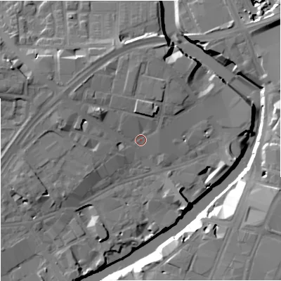 Shaded relief map of the ground around M37WX, computed from Environment Agency LiDAR. The ground here sits at about 29 m above sea level and falls 18 m across the surrounding 800 m. Surface water reaching this point runs off ground lying to the north-west, 6.1 m higher.