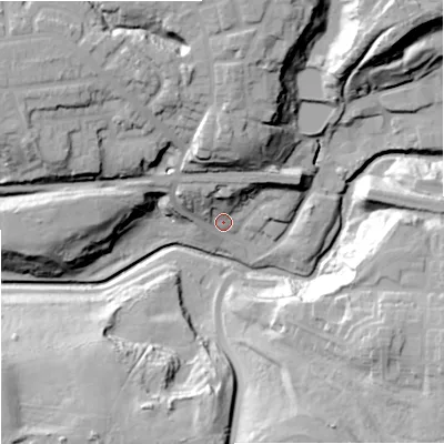 Shaded relief map of the ground around M401GR, computed from Environment Agency LiDAR. The ground here sits at about 62 m above sea level and falls 33 m across the surrounding 800 m. Surface water reaching this point runs off ground lying to the north, 11.7 m higher.