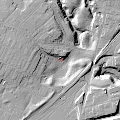 Shaded relief map of the ground around M405FH, computed from Environment Agency LiDAR. The ground here sits at about 75 m above sea level and falls 27 m across the surrounding 800 m. Surface water reaching this point runs off ground lying to the north-west, 15.2 m higher.