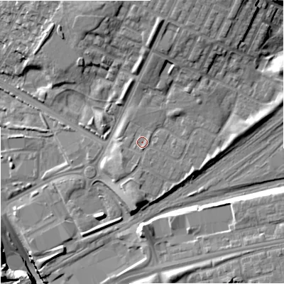 Shaded relief map of the ground around M405LB, computed from Environment Agency LiDAR. The ground here sits at about 81 m above sea level and falls 23 m across the surrounding 800 m. Surface water reaching this point runs off ground lying to the south-west, 1.4 m higher.