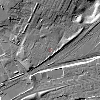 Shaded relief map of the ground around M405LH, computed from Environment Agency LiDAR. The ground here sits at about 81 m above sea level and falls 16 m across the surrounding 800 m. Surface water reaching this point runs off ground lying to the east-north-east, 3.1 m higher.
