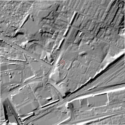 Shaded relief map of the ground around M405LS, computed from Environment Agency LiDAR. The ground here sits at about 81 m above sea level and falls 23 m across the surrounding 800 m. Surface water reaching this point runs off ground lying to the north-north-east, 7.4 m higher.