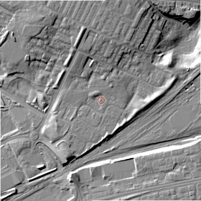 Shaded relief map of the ground around M405ND, computed from Environment Agency LiDAR. The ground here sits at about 81 m above sea level and falls 17 m across the surrounding 800 m. Surface water reaching this point runs off ground lying to the north, 7.2 m higher.