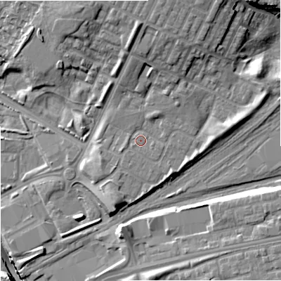 Shaded relief map of the ground around M405NE, computed from Environment Agency LiDAR. The ground here sits at about 81 m above sea level and falls 23 m across the surrounding 800 m. Surface water reaching this point runs off ground lying to the north, 7.9 m higher.