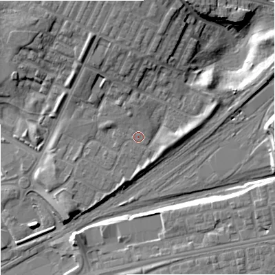 Shaded relief map of the ground around M405NF, computed from Environment Agency LiDAR. The ground here sits at about 81 m above sea level and falls 17 m across the surrounding 800 m. Surface water reaching this point runs off ground lying to the north, 7.0 m higher.