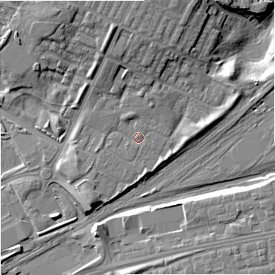 Shaded relief map of the ground around M405NG, computed from Environment Agency LiDAR. The ground here sits at about 81 m above sea level and falls 17 m across the surrounding 800 m. Surface water reaching this point runs off ground lying to the north, 7.2 m higher.