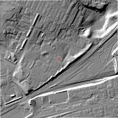 Shaded relief map of the ground around M405NH, computed from Environment Agency LiDAR. The ground here sits at about 81 m above sea level and falls 17 m across the surrounding 800 m. Surface water reaching this point runs off ground lying to the north, 7.0 m higher.