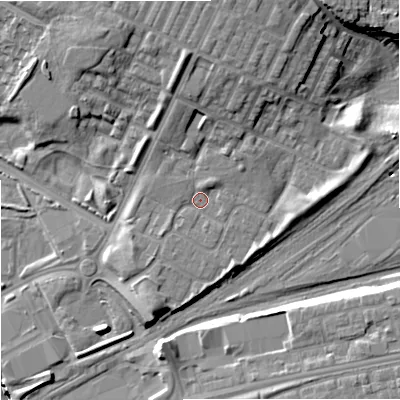 Shaded relief map of the ground around M405NJ, computed from Environment Agency LiDAR. The ground here sits at about 81 m above sea level and falls 23 m across the surrounding 800 m. Surface water reaching this point runs off ground lying to the north, 7.9 m higher.