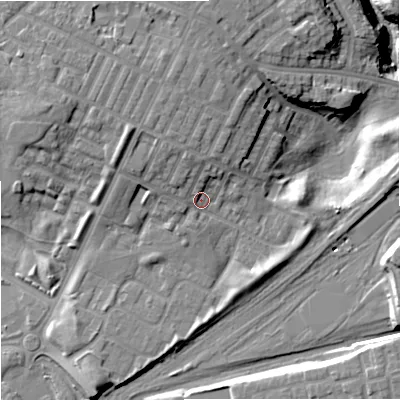 Shaded relief map of the ground around M405NN, computed from Environment Agency LiDAR. The ground here sits at about 82 m above sea level and falls 21 m across the surrounding 800 m. Surface water reaching this point runs off ground lying to the north-north-west, 4.6 m higher.