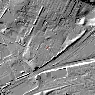 Shaded relief map of the ground around M405NT, computed from Environment Agency LiDAR. The ground here sits at about 81 m above sea level and falls 23 m across the surrounding 800 m. Surface water reaching this point runs off ground lying to the north, 7.2 m higher.