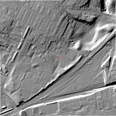 Shaded relief map of the ground around M405NZ, computed from Environment Agency LiDAR. The ground here sits at about 81 m above sea level and falls 21 m across the surrounding 800 m. Surface water reaching this point runs off ground lying to the north-north-west, 7.0 m higher.