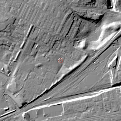 Shaded relief map of the ground around M405WT, computed from Environment Agency LiDAR. The ground here sits at about 81 m above sea level and falls 21 m across the surrounding 800 m. Surface water reaching this point runs off ground lying to the west-north-west, 2.4 m higher.