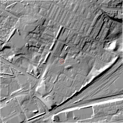 Shaded relief map of the ground around M405WX, computed from Environment Agency LiDAR. The ground here sits at about 81 m above sea level and falls 19 m across the surrounding 800 m. Surface water reaching this point runs off ground lying to the north-north-east, 6.9 m higher.