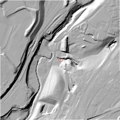 Shaded relief map of the ground around M407RQ, computed from Environment Agency LiDAR. The ground here sits at about 32 m above sea level and falls 38 m across the surrounding 800 m. Surface water reaching this point runs off ground lying to the south-east, 22.7 m higher.