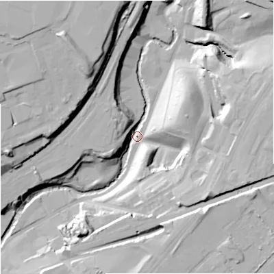 Shaded relief map of the ground around M407RT, computed from Environment Agency LiDAR. The ground here sits at about 31 m above sea level and falls 34 m across the surrounding 800 m. Surface water reaching this point runs off ground lying to the east-north-east, 27.8 m higher.