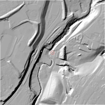 Shaded relief map of the ground around M407RU, computed from Environment Agency LiDAR. The ground here sits at about 34 m above sea level and falls 37 m across the surrounding 800 m. Surface water reaching this point runs off ground lying to the north-west, 34.0 m higher.