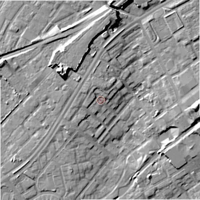 Shaded relief map of the ground around M407RX, computed from Environment Agency LiDAR. The ground here sits at about 56 m above sea level and falls 17 m across the surrounding 800 m. Surface water reaching this point runs off ground lying to the north-north-west, 2.5 m higher.