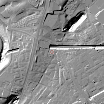 Shaded relief map of the ground around M407UQ, computed from Environment Agency LiDAR. The ground here sits at about 60 m above sea level and falls 39 m across the surrounding 800 m. Surface water reaching this point runs off ground lying to the east, 13.6 m higher.