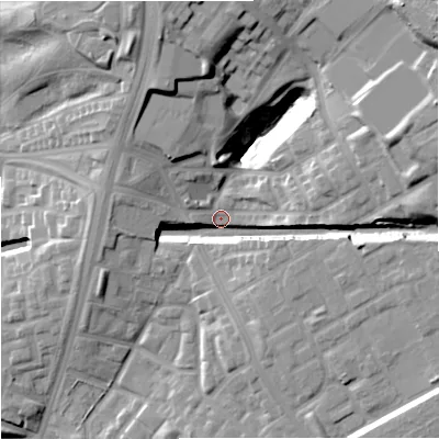 Shaded relief map of the ground around M408BD, computed from Environment Agency LiDAR. The ground here sits at about 58 m above sea level and falls 27 m across the surrounding 800 m. Surface water reaching this point runs off ground lying to the north-east, 26.9 m higher.