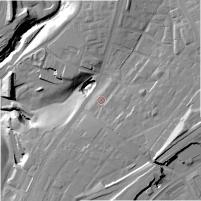 Shaded relief map of the ground around M408JR, computed from Environment Agency LiDAR. The ground here sits at about 55 m above sea level and falls 38 m across the surrounding 800 m. Surface water reaching this point runs off ground lying to the east-south-east, 6.6 m higher.